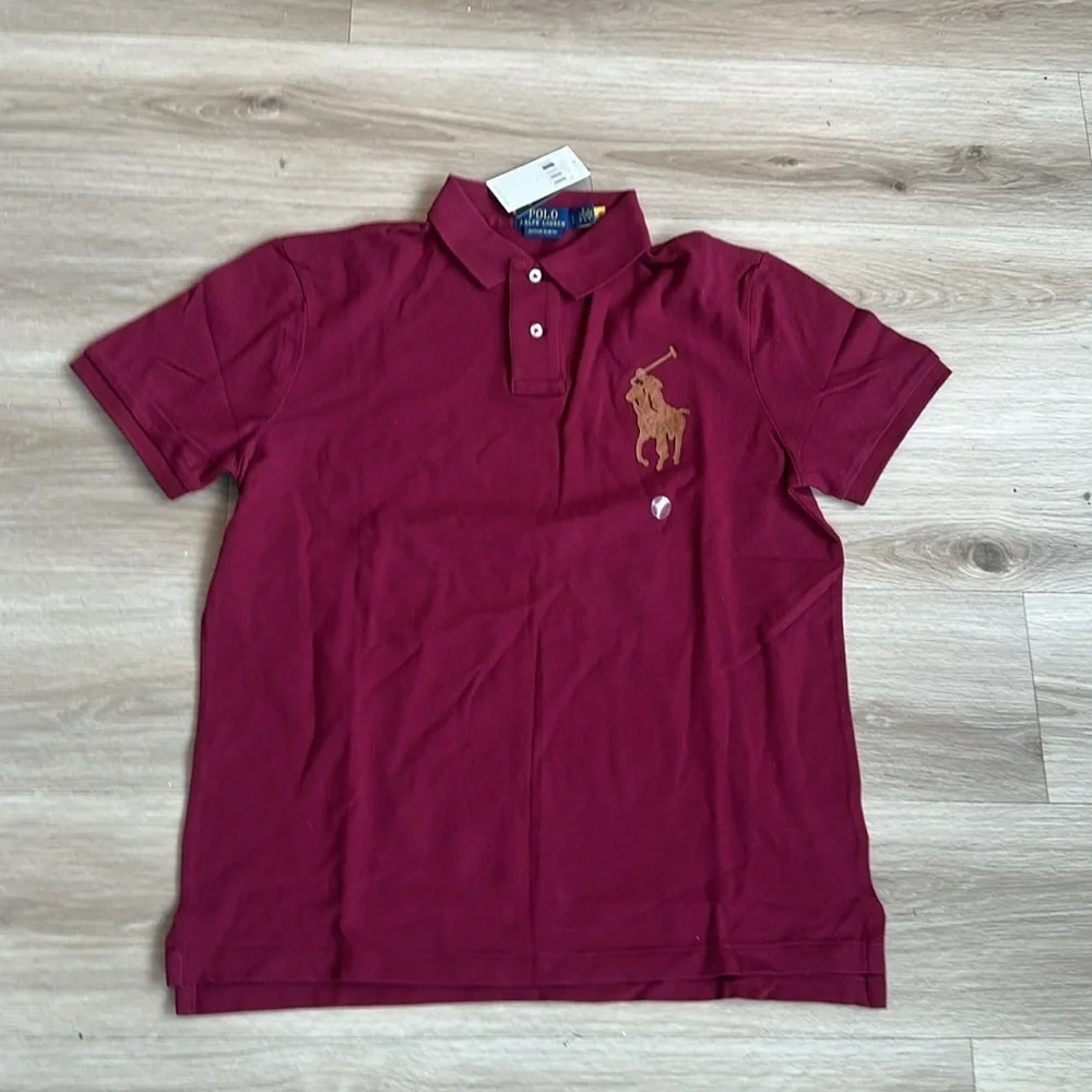 Polo Ralph Lauren Men's Burgundy Polo Shirt slim fit Leather-Pony Mesh Polo